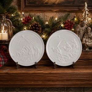 Frankoma Pottery Plates Christmas Nativity Set Of 2 Manger Jesus Mary 1983 1982